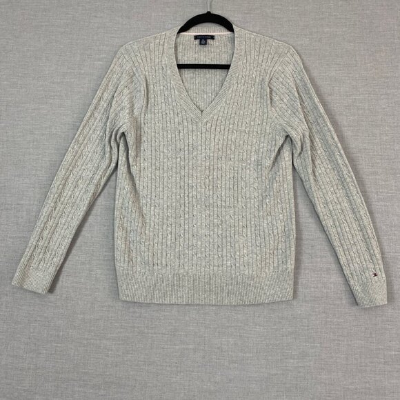 Tommy Hilfiger Cable Knit Sweater Light Gray V-Neck Pull Over Sz XL Stretchy - Picture 1 of 7